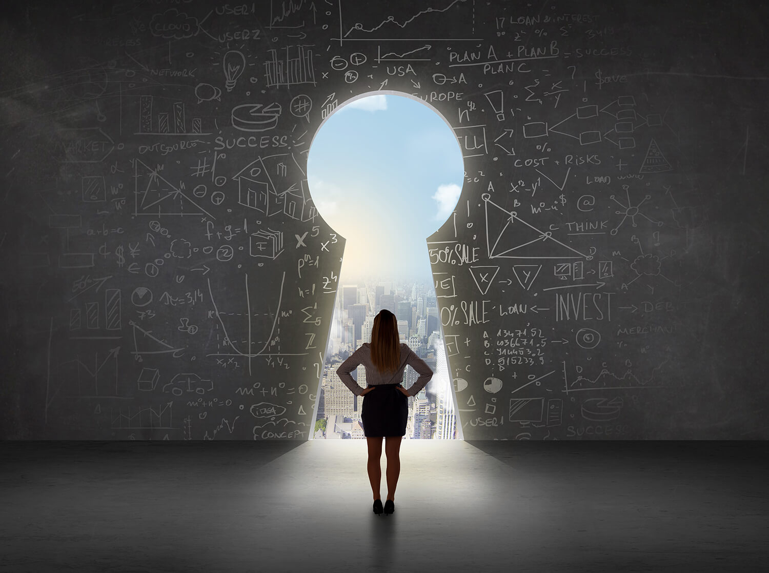 A woman standing in front of a keyhole door
